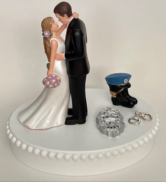 Wedding Cake Topper Police Officer Themed Policeman Handcuffs Badge Gorgeous Long-Haired Bride Groom Heart Bridal Shower Reception Gift Idea