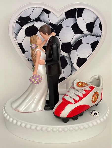 Wedding Cake Topper Manchester United FC Soccer Themed English Football England Beautiful Long-Haired Bride Groom Groom's Cake Top Reception
