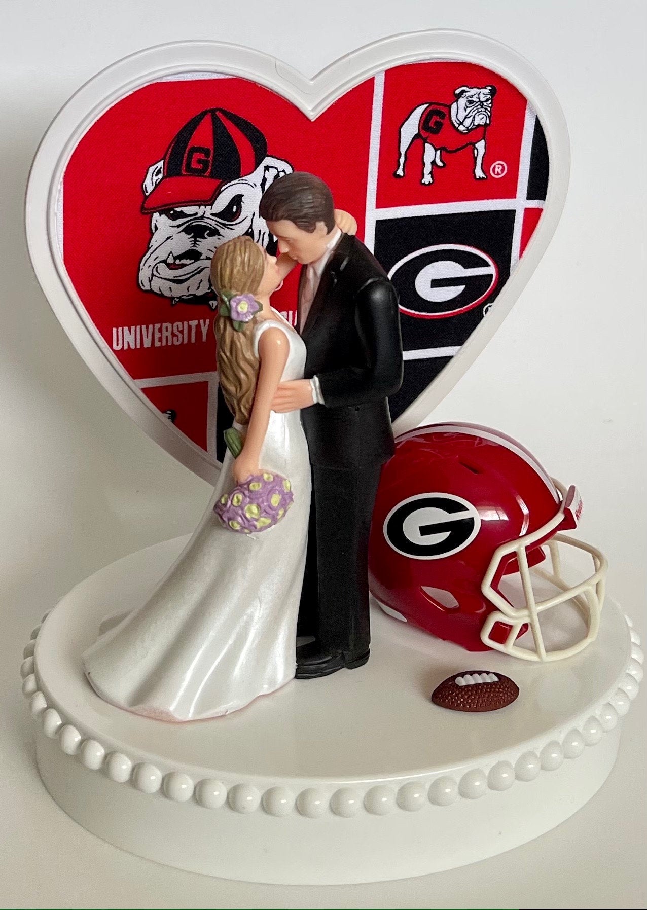 Wedding Cake Topper Georgia Bulldogs Football Themed UGA Gorgeous Long-Haired Bride Groom Unique Groom's Cake Top Reception Bridal Shower