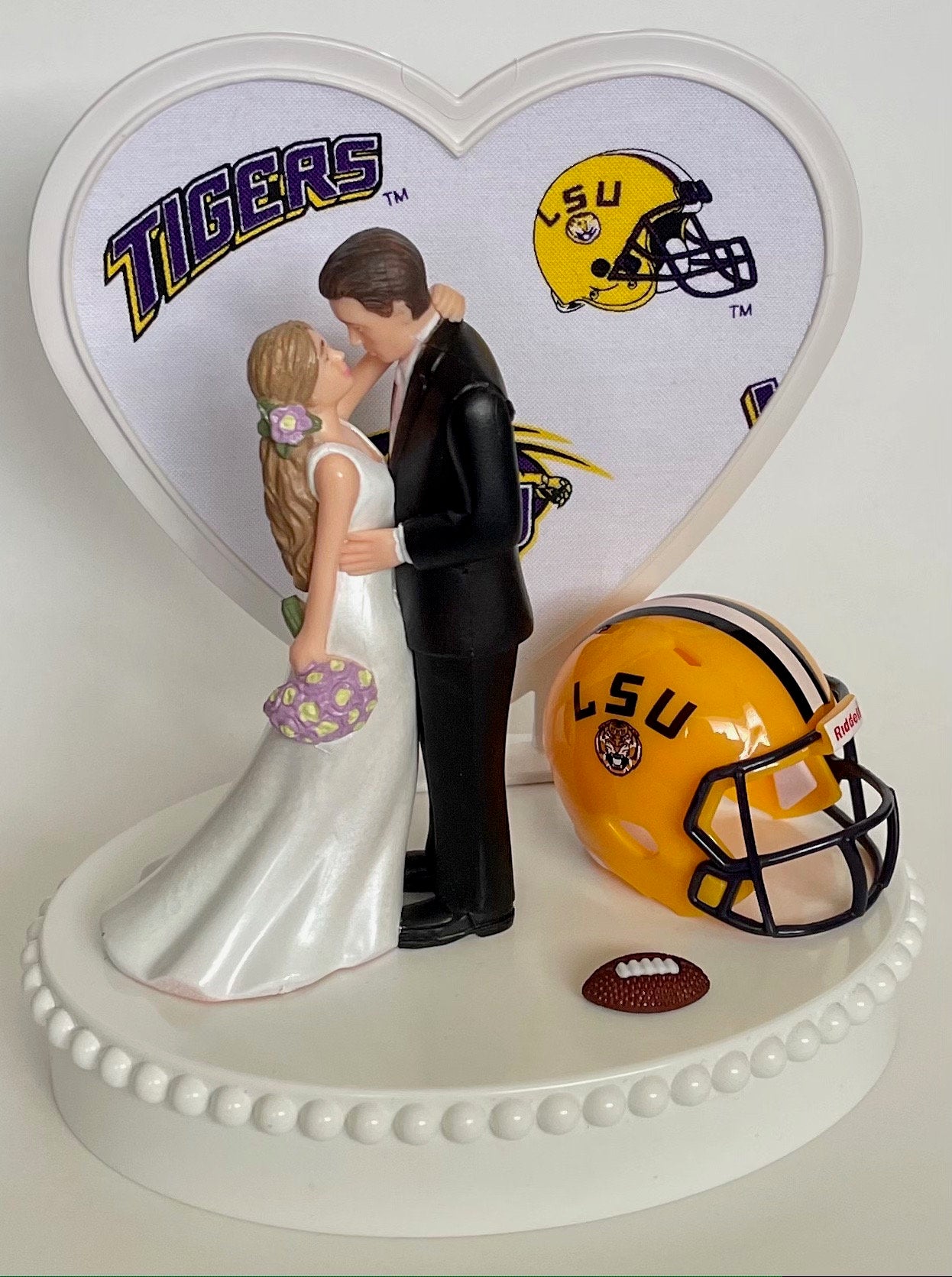 Wedding Cake Topper LSU Tigers Football Themed Louisiana St Gorgeous Long-Haired Bride Groom Unique Groom's Cake Top Reception Bridal Shower