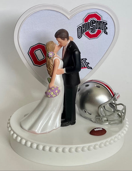 Wedding Cake Topper Ohio St. Buckeyes Football Themed OSU Gorgeous Long-Haired Bride Groom Unique Groom's Cake Top Reception Bridal Shower