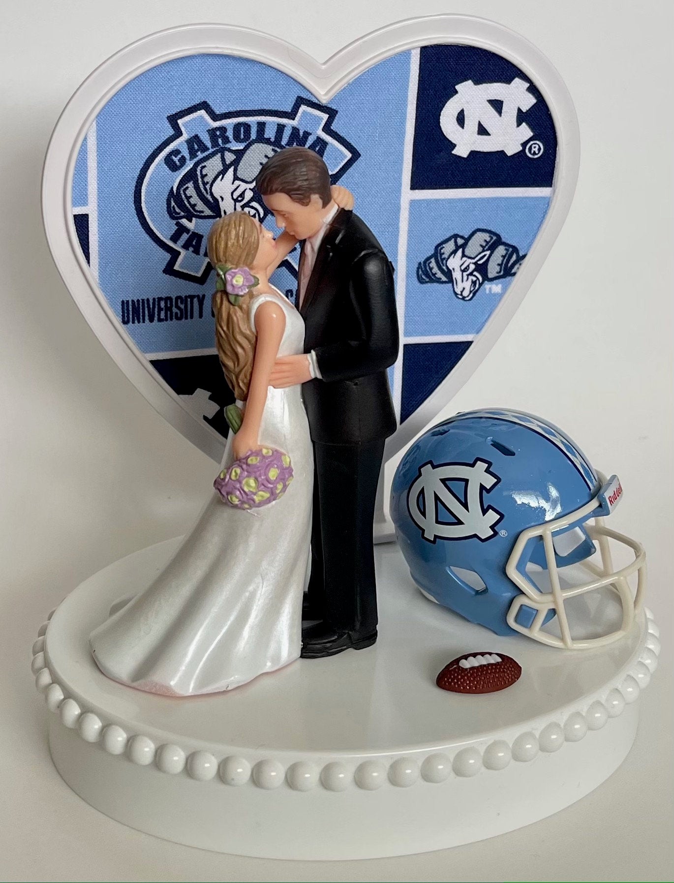 Wedding Cake Topper North Carolina Tar Heels Football Themed UNC Pretty Long-Haired Bride Groom Fun Groom's Cake Top Reception Bridal Shower