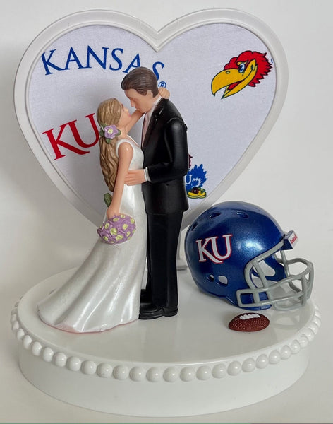 Wedding Cake Topper Kansas Jayhawks Football Themed KU Gorgeous Long-Haired Bride Groom Unique Groom's Cake Top Reception Bridal Shower