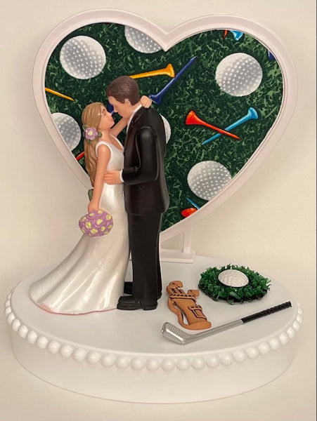 Wedding Cake Topper Golfing Golf Themed Golfer Green Turf Heart Beautiful Long-Haired Bride Groom Bridal Shower Reception Gift Groom's Cake
