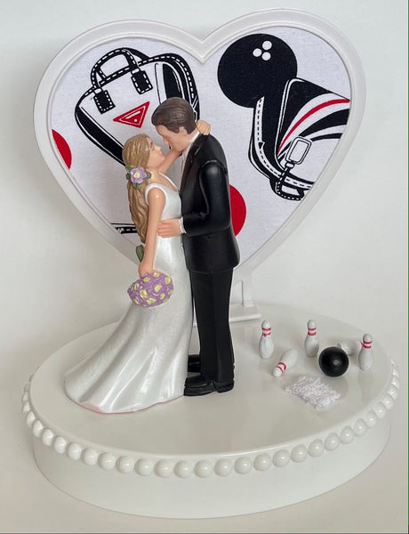 Wedding Cake Topper Bowling Themed Pins Towel Beautiful Long-Haired Bride Groom Fun Bridal Shower Reception Gift Unique Groom's Cake Top