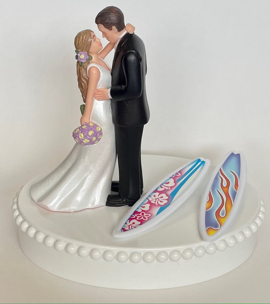 Wedding Cake Topper Surfing Themed Surf Surfboard Beautiful Long-Haired Bride Groom Fun Bridal Shower Reception Gift Unique Groom's Cake Top