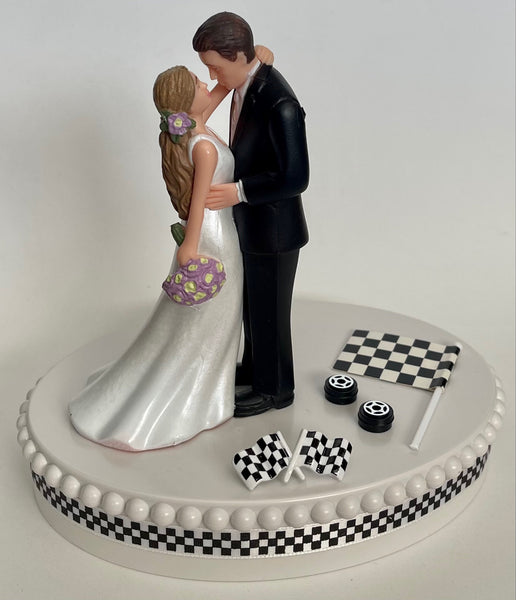 Wedding Cake Topper Checkered Flag Racing Themed Beautiful Long-Haired Bride Groom Fun Bridal Shower Reception Gift Unique Groom's Cake Top