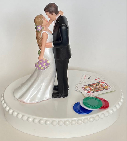 Wedding Cake Topper Poker Cards Chips Playing Blackjack Themed Beautiful Long-Haired Bride Groom Bridal Shower Gift Unique Groom's Cake Top
