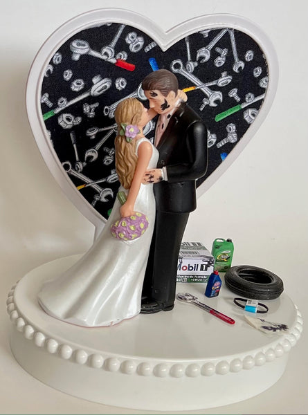 Wedding Cake Topper Mechanic Grease Monkey Themed Garage Auto Car Repair Tools Oil Rags Beautiful Long-Haired Bride Unique Groom's Cake Top
