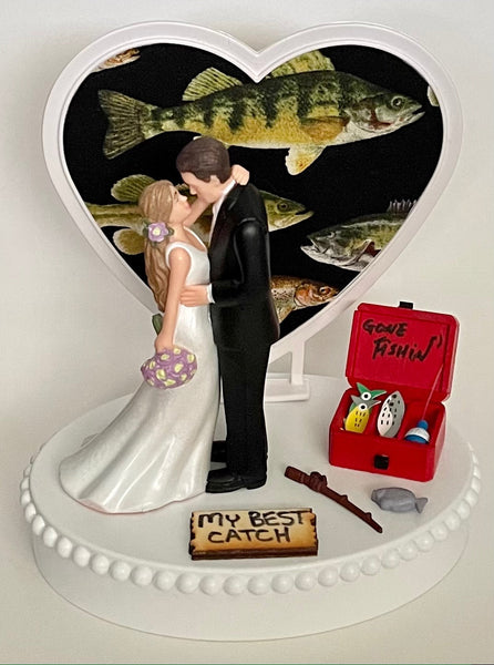 Wedding Cake Topper My Best Catch Fishing Themed Fisherman Fish Beautiful Long-Haired Bride Groom Bridal Shower Gift Unique Groom's Cake Top