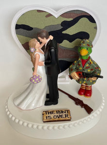 Wedding Cake Topper Duck Hunter Themed Rifle Green Camo Heart Background Hunt is Over Hunting Pretty Long-Haired Bride and Groom OOAK Gift