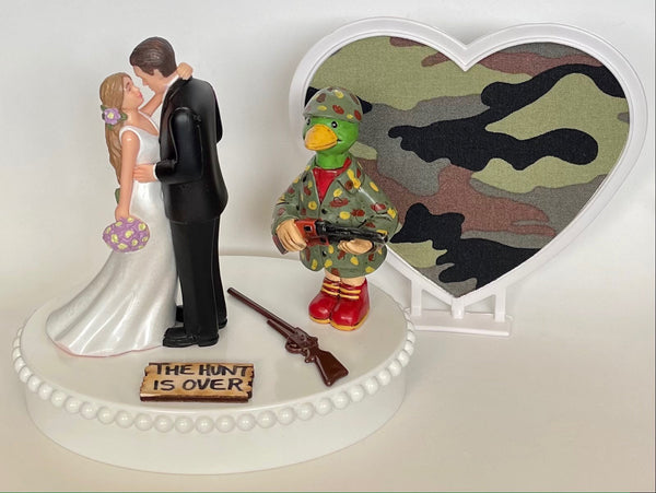 Wedding Cake Topper Duck Hunter Themed Rifle Green Camo Heart Background Hunt is Over Hunting Pretty Long-Haired Bride and Groom OOAK Gift