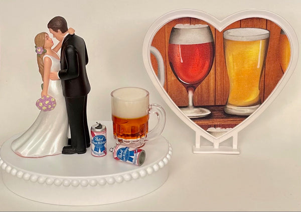 Wedding Cake Topper Pabst Blue Ribbon Beer Themed PBR Mug Cans Beautiful Long-Haired Bride Groom Bridal Shower Gift Unique Groom's Cake Top