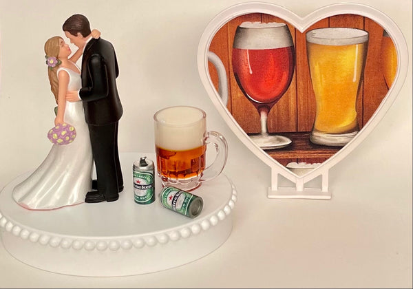 Wedding Cake Topper Heineken Beer Themed Mug Cans Beautiful Long-Haired Bride Groom Bridal Shower Reception Gift Unique Groom's Cake Top