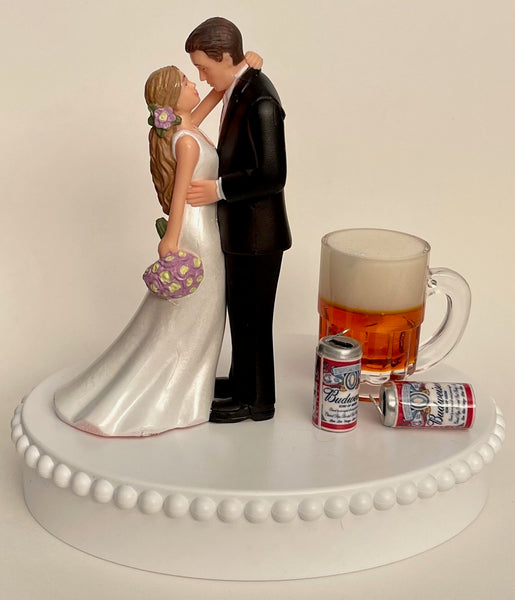 Wedding Cake Topper Budweiser Beer Themed Bud Mug Cans Beautiful Long-Haired Bride and Groom OOAK Bridal Shower Gift Unique Groom's Cake Top