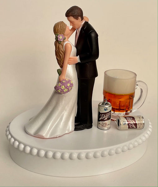 Wedding Cake Topper Schlitz Beer Themed Mug Cans Alcohol Drinking Beverage Drinker Pretty Long-Haired Bride and Groom Fun Groom's Cake Top