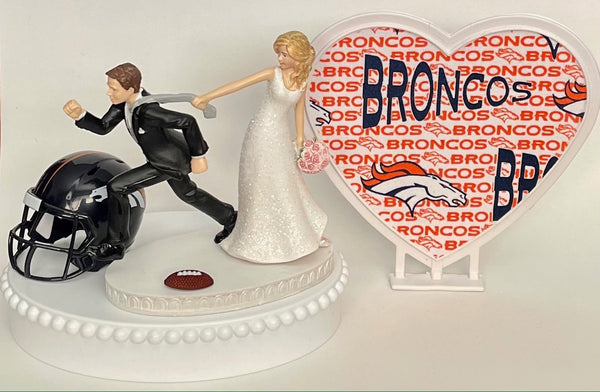 Wedding Cake Topper Denver Broncos Football Themed Running Funny Humorous Bride and Groom Unique OOAK Sports Fan Reception Groom's Cake Top