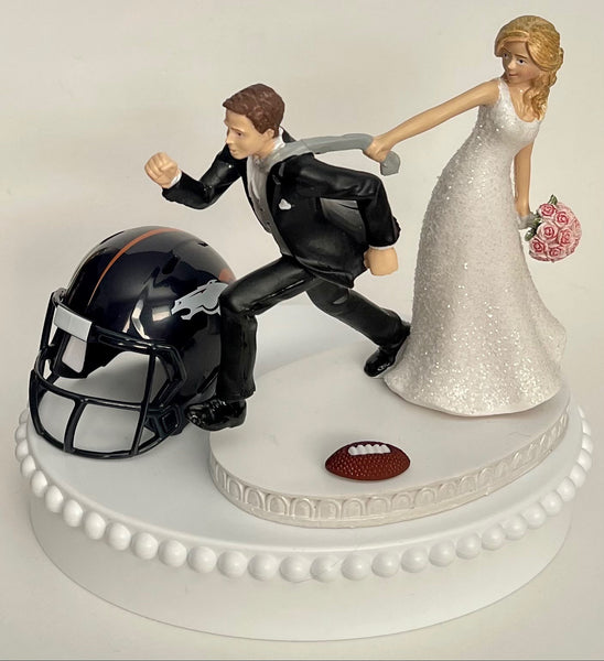 Wedding Cake Topper Denver Broncos Football Themed Running Funny Humorous Bride and Groom Unique OOAK Sports Fan Reception Groom's Cake Top