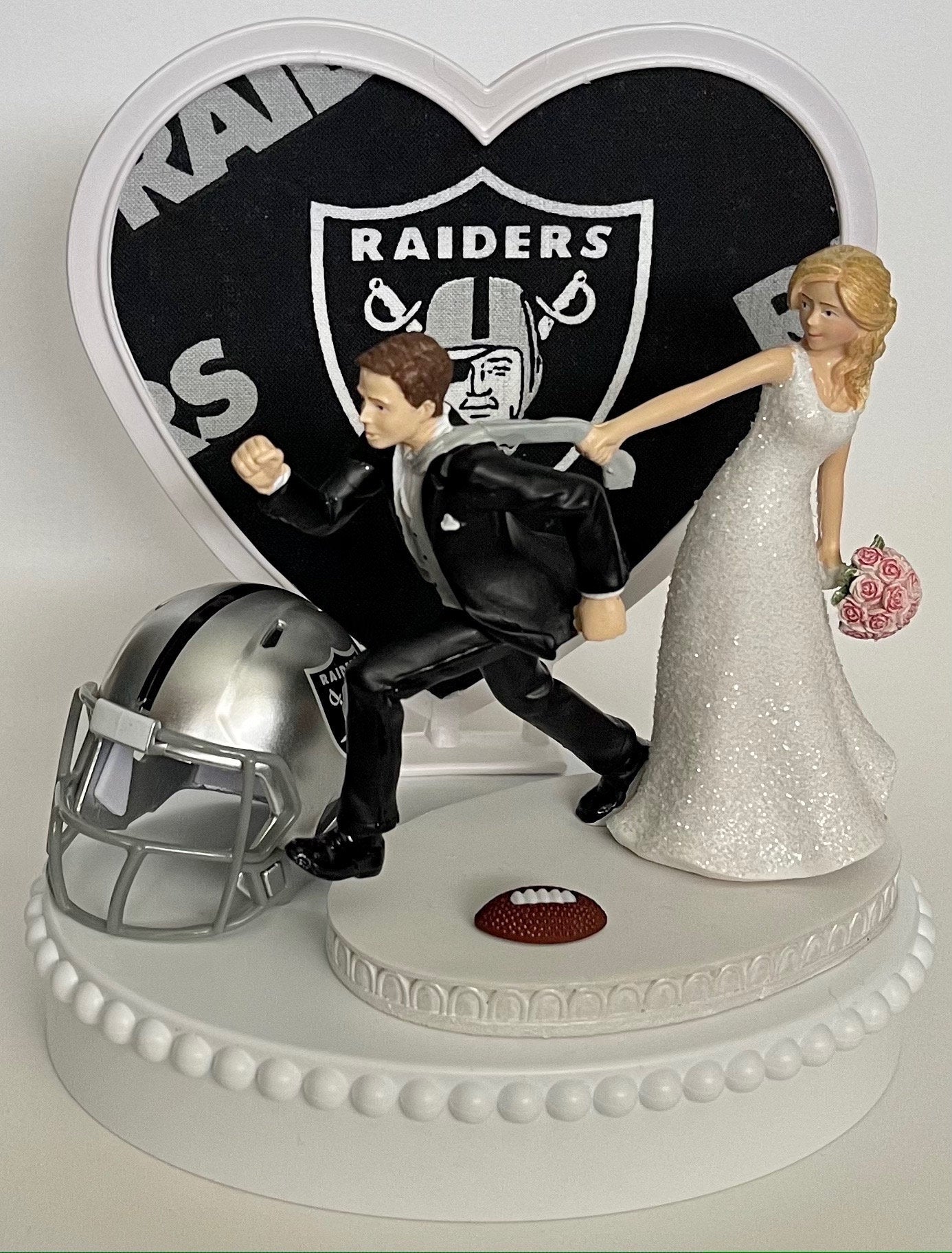 Wedding Cake Topper Las Vegas Raiders Football Themed Pulling Humorous Bride Groom Unique OOAK Funny Sports Fan Reception Groom's Cake Top