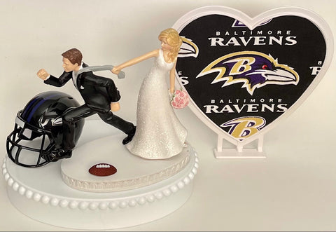 Wedding Cake Topper Baltimore Ravens Football Themed Pulling Funny Bride and Groom Unique Humorous Sports Fan Reception Groom's Cake Top