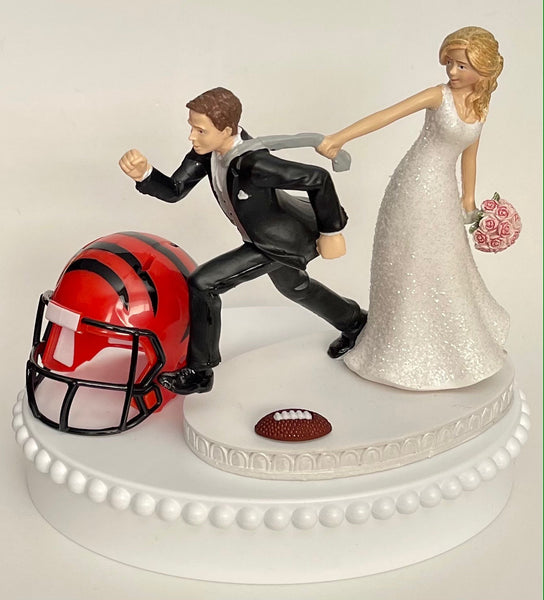 Wedding Cake Topper Cincinnati Bengals Football Themed Pulling Funny Bride and Groom Unique Humorous Sports Fan Reception Groom's Cake Top