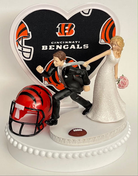 Wedding Cake Topper Cincinnati Bengals Football Themed Pulling Funny Bride and Groom Unique Humorous Sports Fan Reception Groom's Cake Top