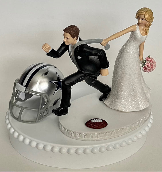 Wedding Cake Topper Dallas Cowboys Football Themed Pulling Humorous Bride Groom Unique OOAK Funny Sports Fan Reception Groom's Cake Top
