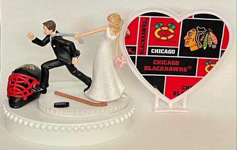 Wedding Cake Topper Chicago Blackhawks Hockey Themed Running Funny Humorous Bride Groom Black Hawks Sports Fan Reception Groom's Cake Top