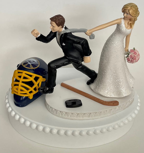 Wedding Cake Topper Buffalo Sabres Hockey Themed Running Funny Humorous Bride Groom Unique Sports Fans Reception Fun Groom's Cake Top Gift