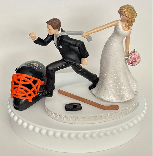 Wedding Cake Topper Philadelphia Flyers Hockey Themed Running Funny Humorous Bride Groom Philly Sports Fans Reception Fun Groom's Cake Top