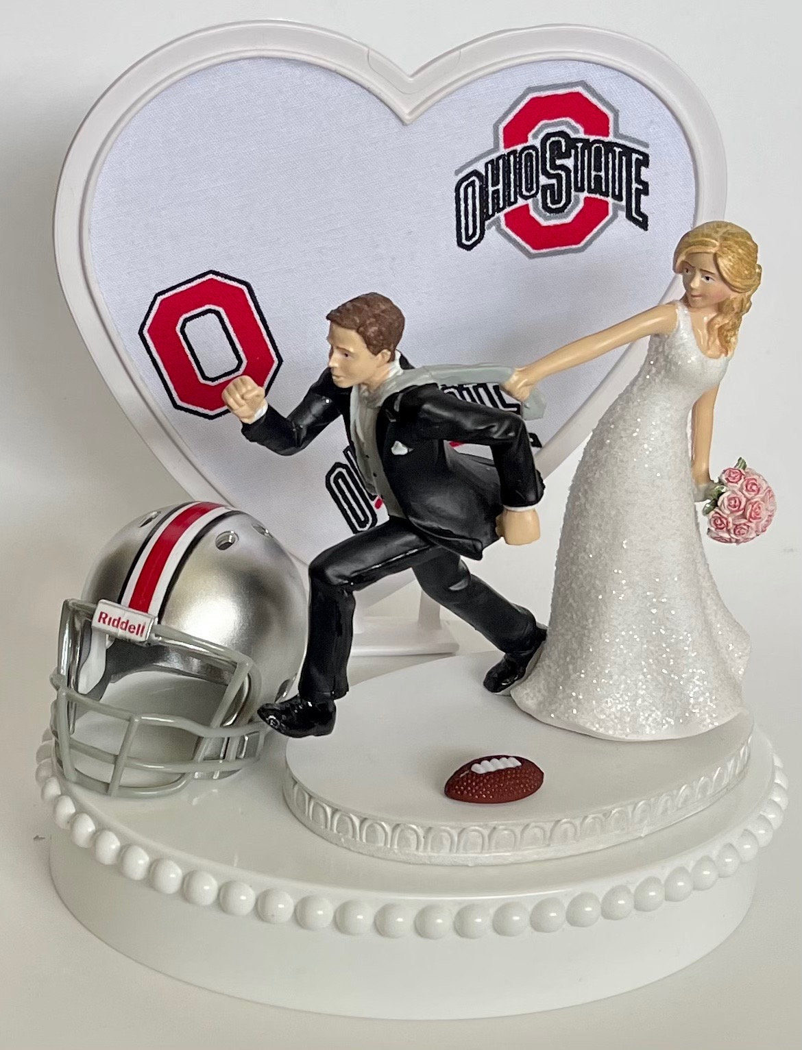 Wedding Cake Topper Ohio St. University Buckeyes Football Themed Pulling Funny Bride and Groom Humorous OSU State Sports Fans Groom's Cake