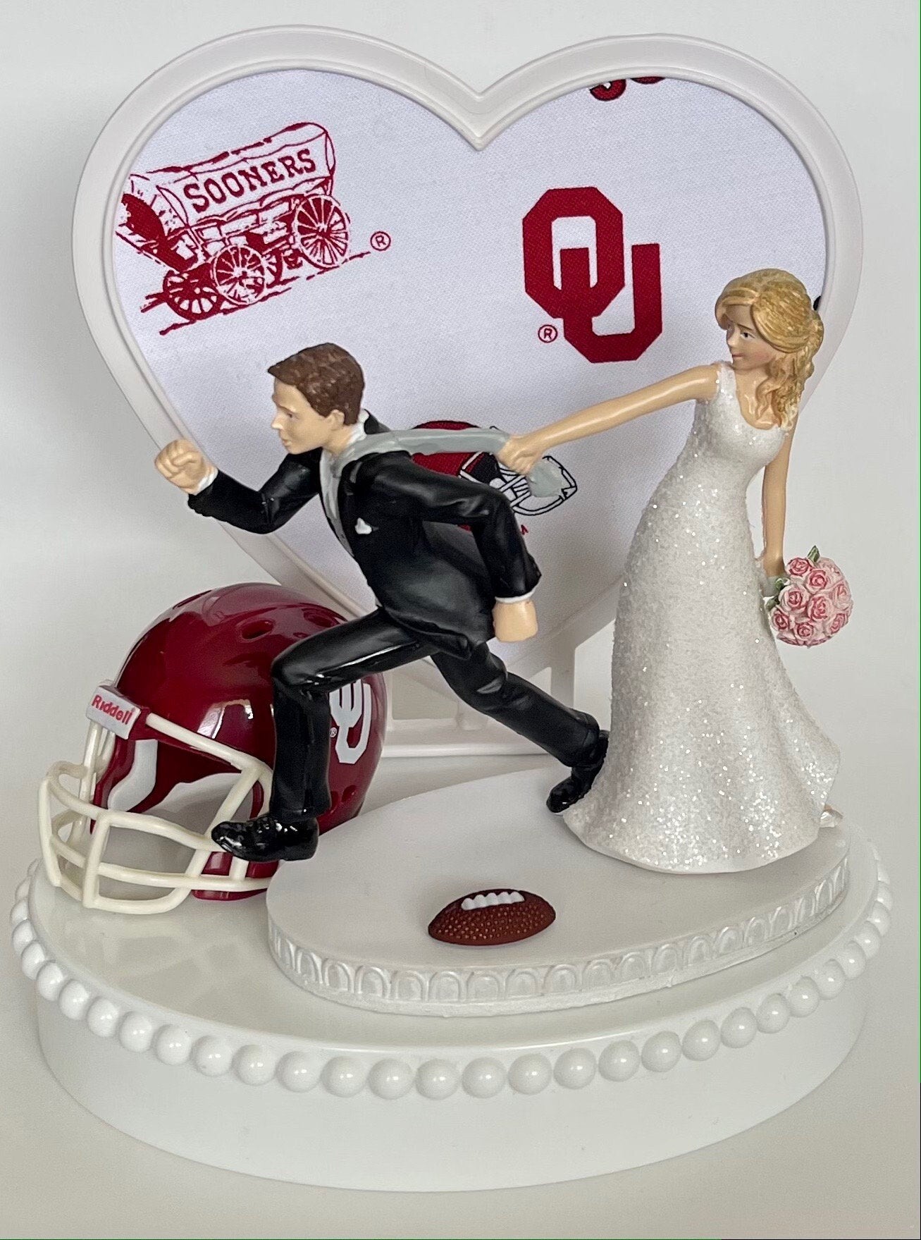 Wedding Cake Topper University of Oklahoma Sooners Football Themed Running Humorous Bride and Groom Funny OU Sports Fans Bridal Shower Gift
