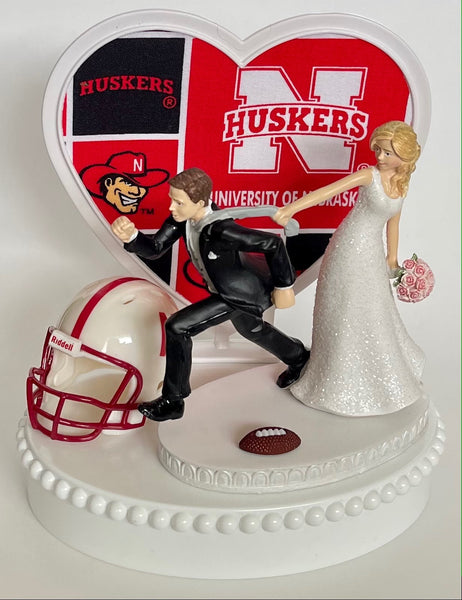 Wedding Cake Topper University of Nebraska Cornhuskers Football Themed Running Humorous Bride Groom NU Huskers Sports Fan Bridal Shower Gift
