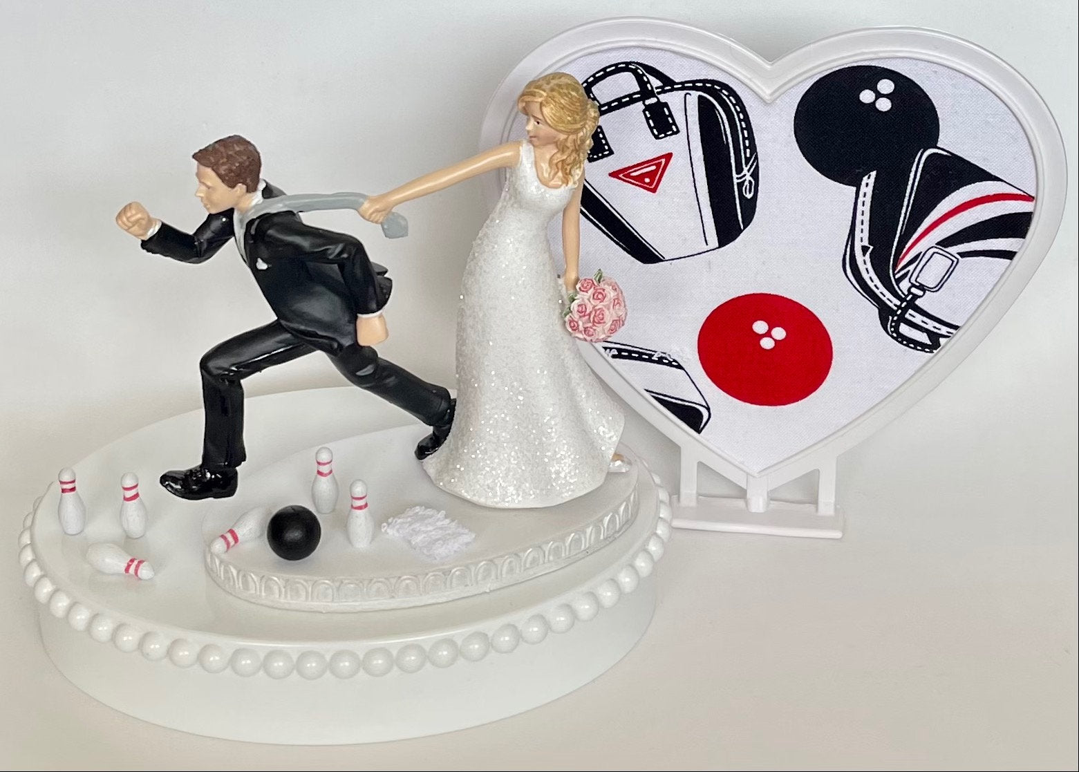 Wedding Cake Topper Bowling Themed Bowler Balls Pins Bag Towel Running Humorous Bride Groom Funny Sporty Fans Bridal Shower Gift Idea