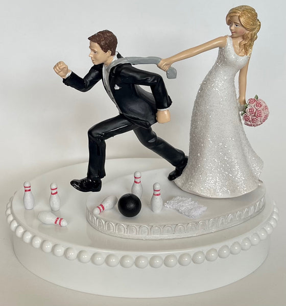 Wedding Cake Topper Bowling Themed Bowler Balls Pins Bag Towel Running Humorous Bride Groom Funny Sporty Fans Bridal Shower Gift Idea