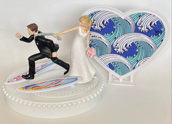 Wedding Cake Topper Surfing Themed Surfing Waves Surfboards Running Humorous Bride Groom Funny Ocean Water Surf Fans Bridal Shower Gift Idea
