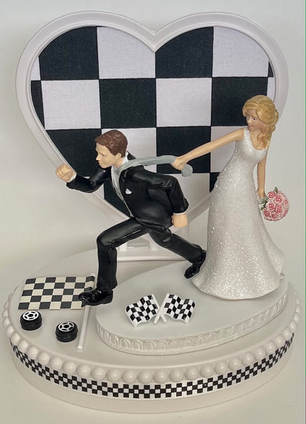 Wedding Cake Topper Checkered Flag Racing Running Humorous Bride Groom Funny Auto Car Motorcycle Race Fans Sports Bridal Shower Gift Idea