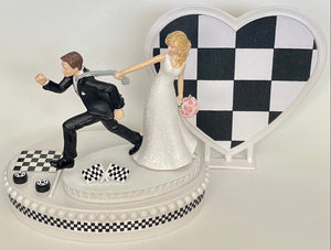 Wedding Cake Topper Checkered Flag Racing Running Humorous Bride Groom Funny Auto Car Motorcycle Race Fans Sports Bridal Shower Gift Idea