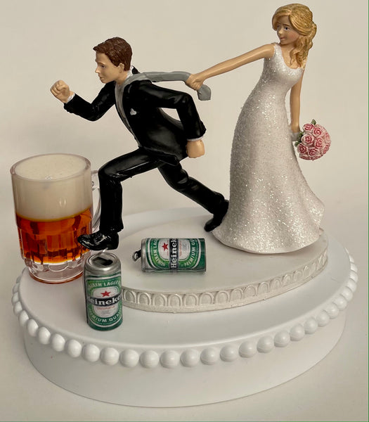 Wedding Cake Topper Heineken Beer Themed Cans Mug Pulling Humorous Bride and Groom Unique OOAK Funny Reception Alcohol Groom's Cake Top