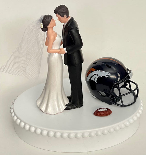 Wedding Cake Topper Denver Broncos Football Themed Pretty Short-Haired Bride and Groom Sports Fans Unique Reception Bridal Shower Gift Idea