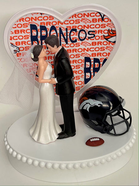 Wedding Cake Topper Denver Broncos Football Themed Pretty Short-Haired Bride and Groom Sports Fans Unique Reception Bridal Shower Gift Idea