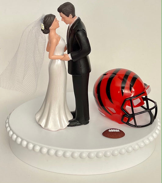 Wedding Cake Topper Cincinnati Bengals Football Themed Pretty Short-Haired Bride Groom Sports Fans Unique Reception Bridal Shower Gift Idea