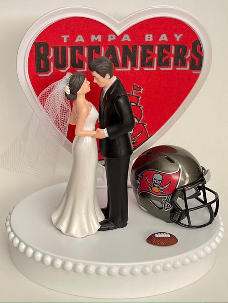 Wedding Cake Topper Tampa Bay Buccaneers Football Themed Pretty Short-Haired Bride Groom Sports Fan Unique Reception Bridal Shower Gift Idea