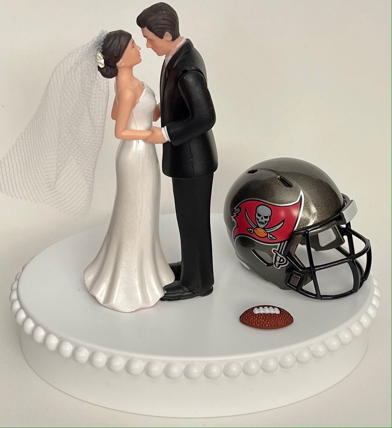 Wedding Cake Topper Tampa Bay Buccaneers Football Themed Pretty Short-Haired Bride Groom Sports Fan Unique Reception Bridal Shower Gift Idea