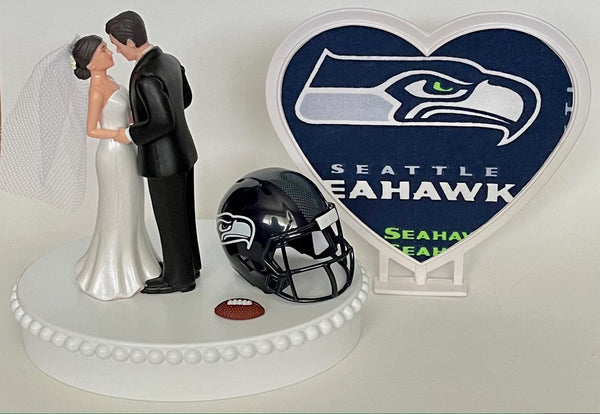 Wedding Cake Topper Seattle Seahawks Football Themed Pretty Short-Haired Bride Groom Sports Fans Unique Reception Bridal Shower Gift Idea