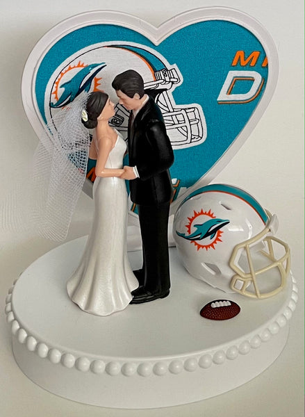 Wedding Cake Topper Miami Dolphins Football Themed Pretty Short-Haired Bride Groom Sports Fans Unique Reception Bridal Shower Gift Idea