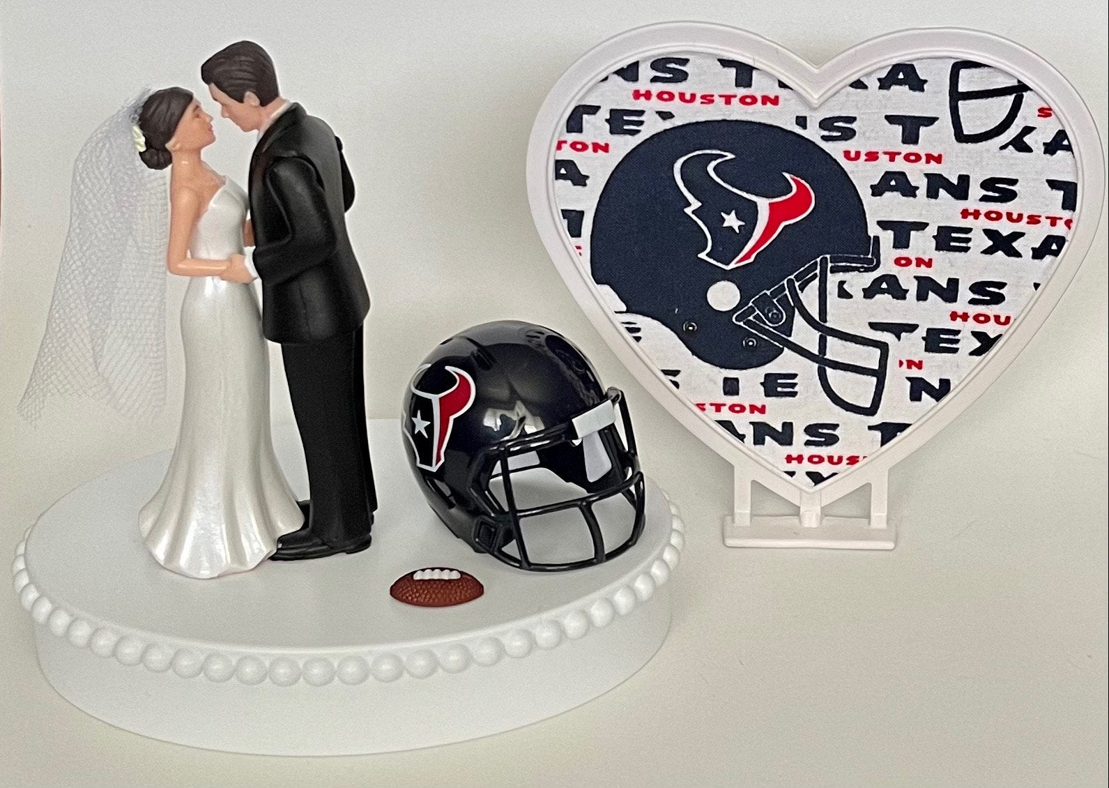 Wedding Cake Topper Houston Texans Football Themed Pretty Short-Haired Bride Groom Sports Fans Unique Reception Bridal Shower Gift Idea