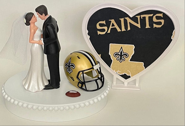 Wedding Cake Topper New Orleans Saints Football Themed Beautiful Short-Haired Bride and Groom One-of-a-Kind Sports Fan Cake Top Shower Gift