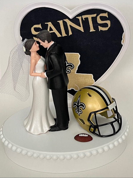 Wedding Cake Topper New Orleans Saints Football Themed Beautiful Short-Haired Bride and Groom One-of-a-Kind Sports Fan Cake Top Shower Gift