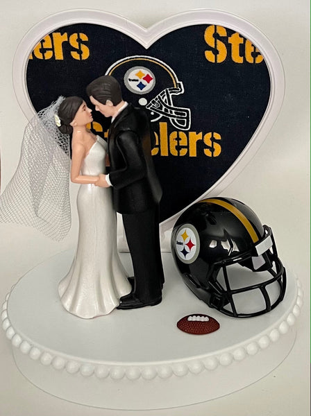 Wedding Cake Topper Pittsburgh Steelers Football Themed Beautiful Short-Haired Bride and Groom One-of-a-Kind Sports Fan Cake Top Shower Gift
